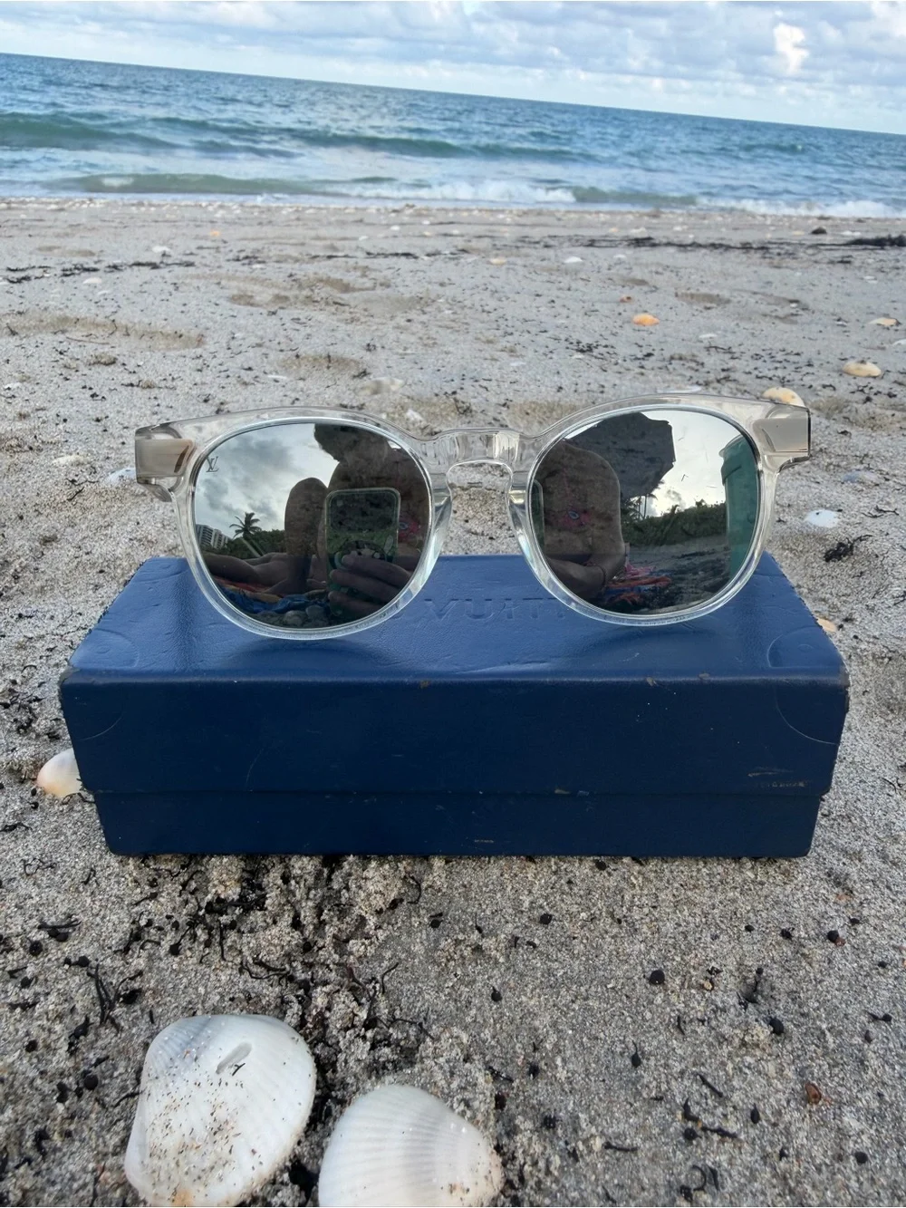 Louis Vuitton Clear Frame Sunglasses with Black Lenses and Gold Logo